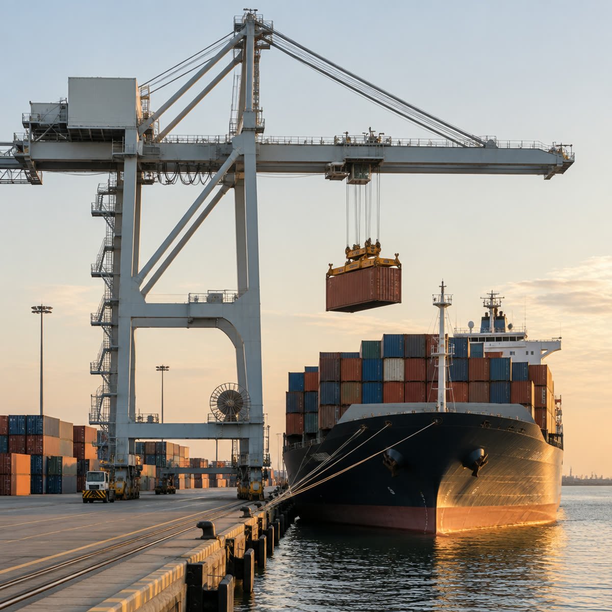 Quayside cranes loading a container vessel