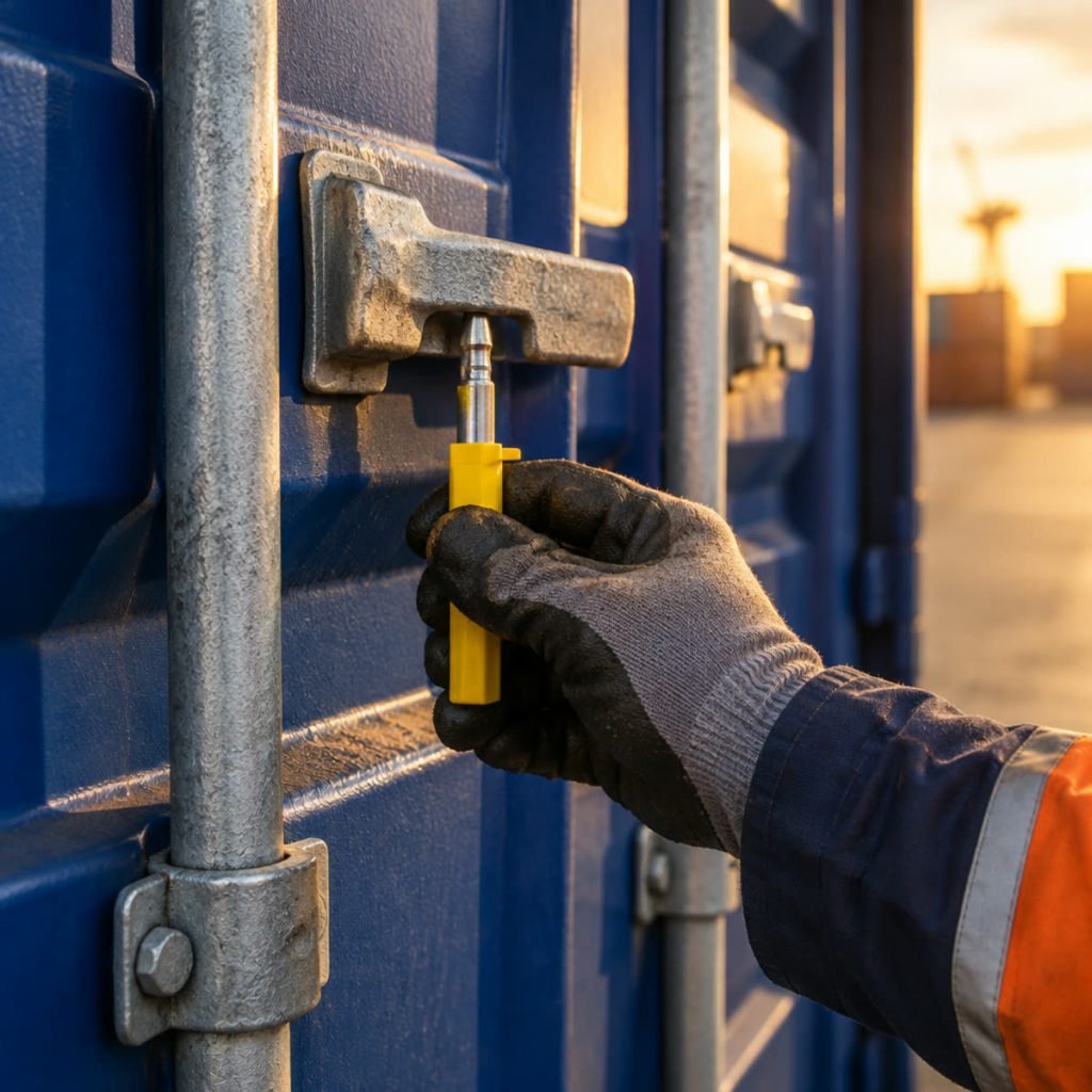 Operator applying a security seal to a container door