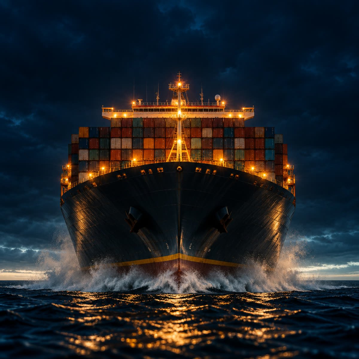 Container ship bow lit at night, cutting through the sea