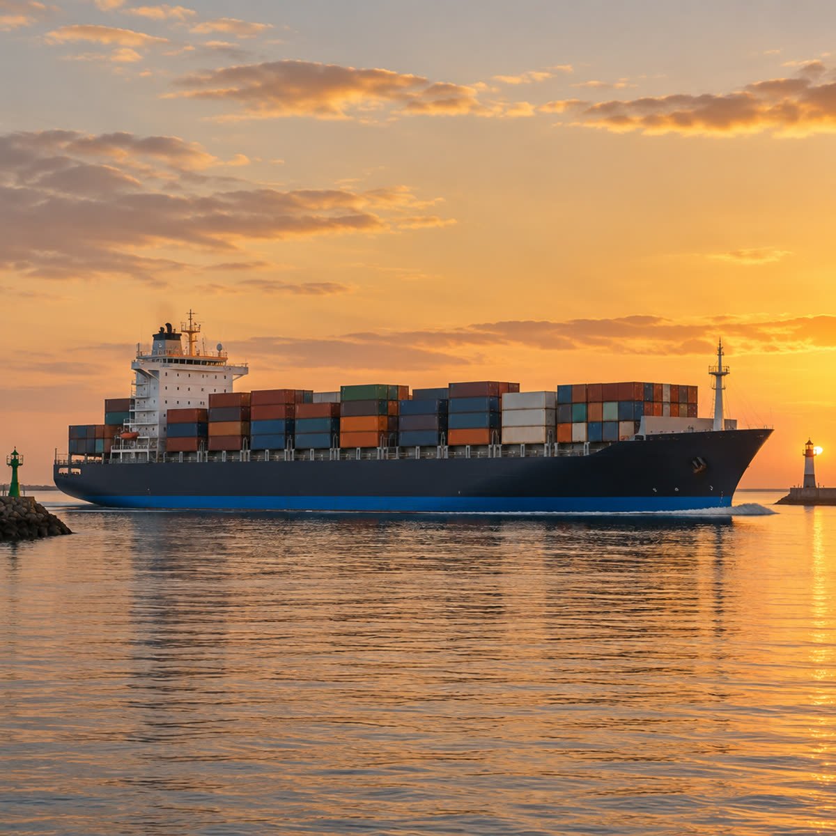 Container vessel Vanguard Horizon leaving port at sunset