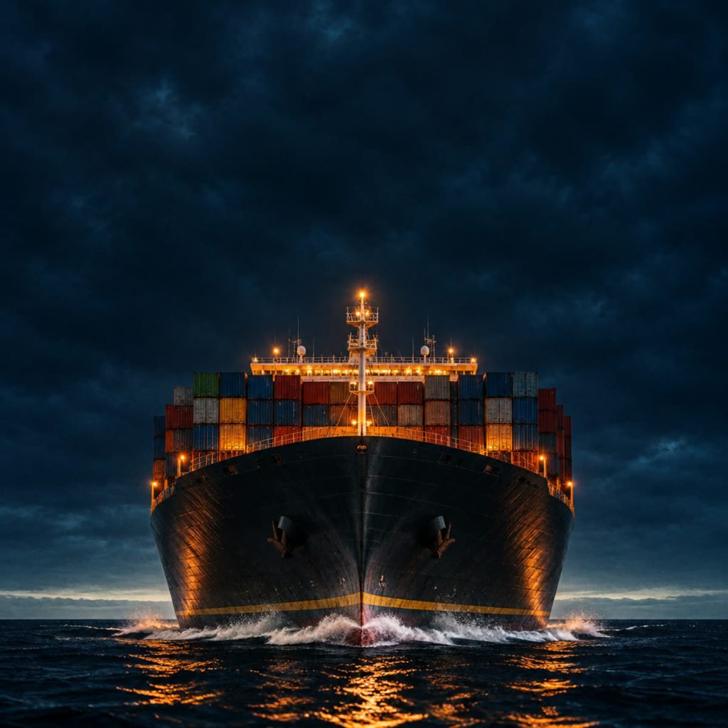 Heavy cargo vessel Vanguard Titan head-on at night