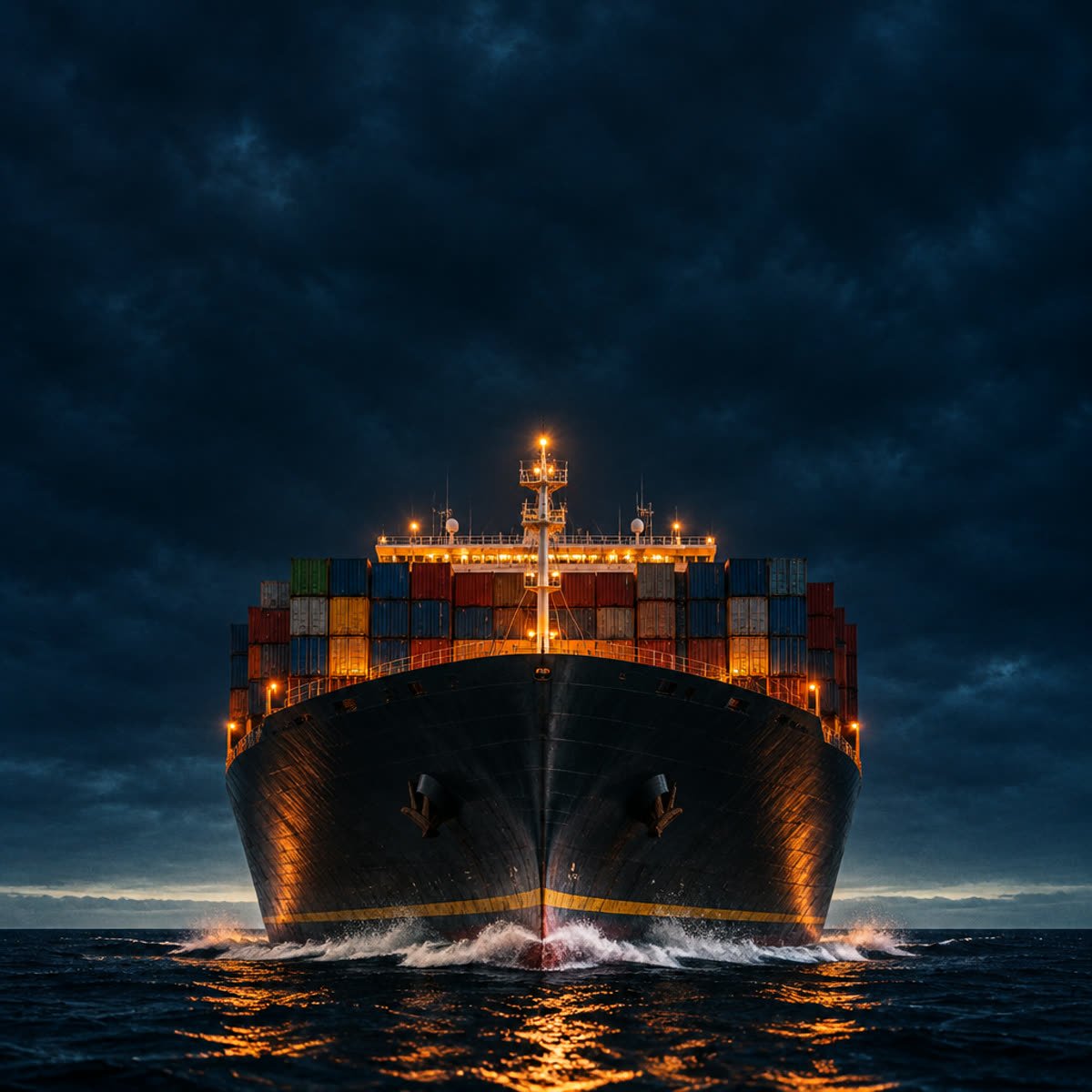Heavy cargo vessel Vanguard Titan head-on at night
