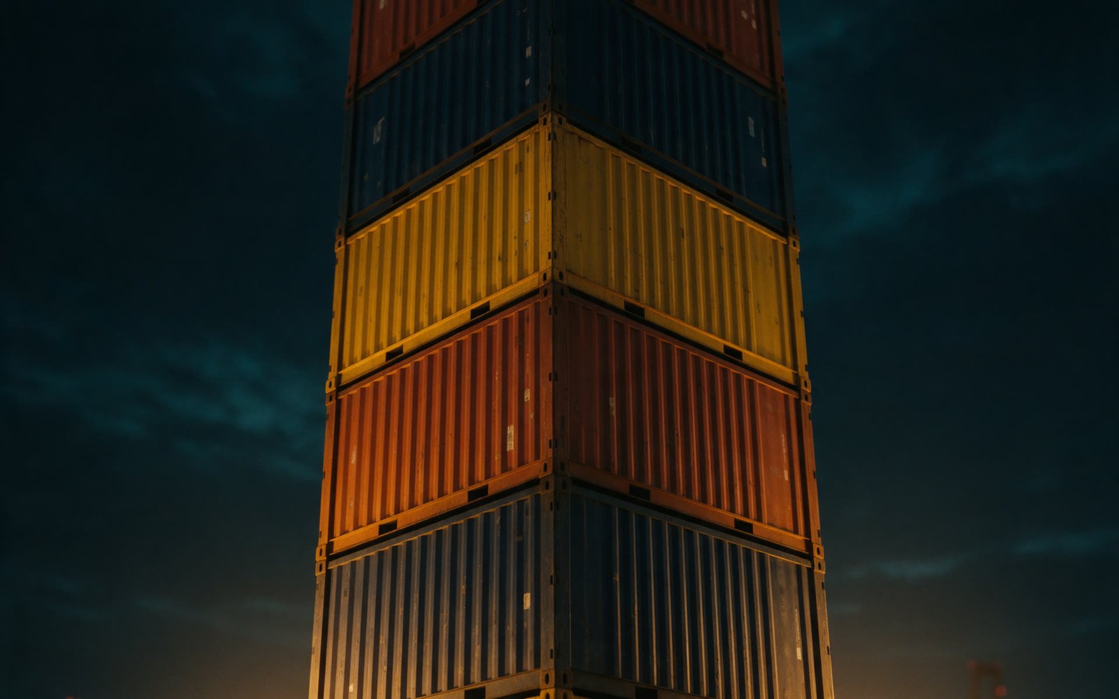 Stacked shipping containers lit at night