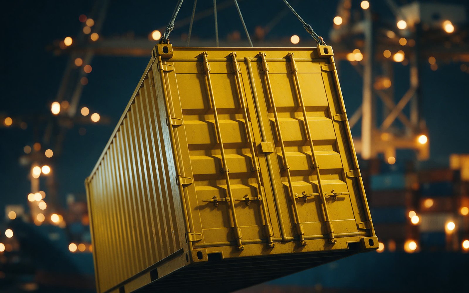 Yellow container lifted at a port at night