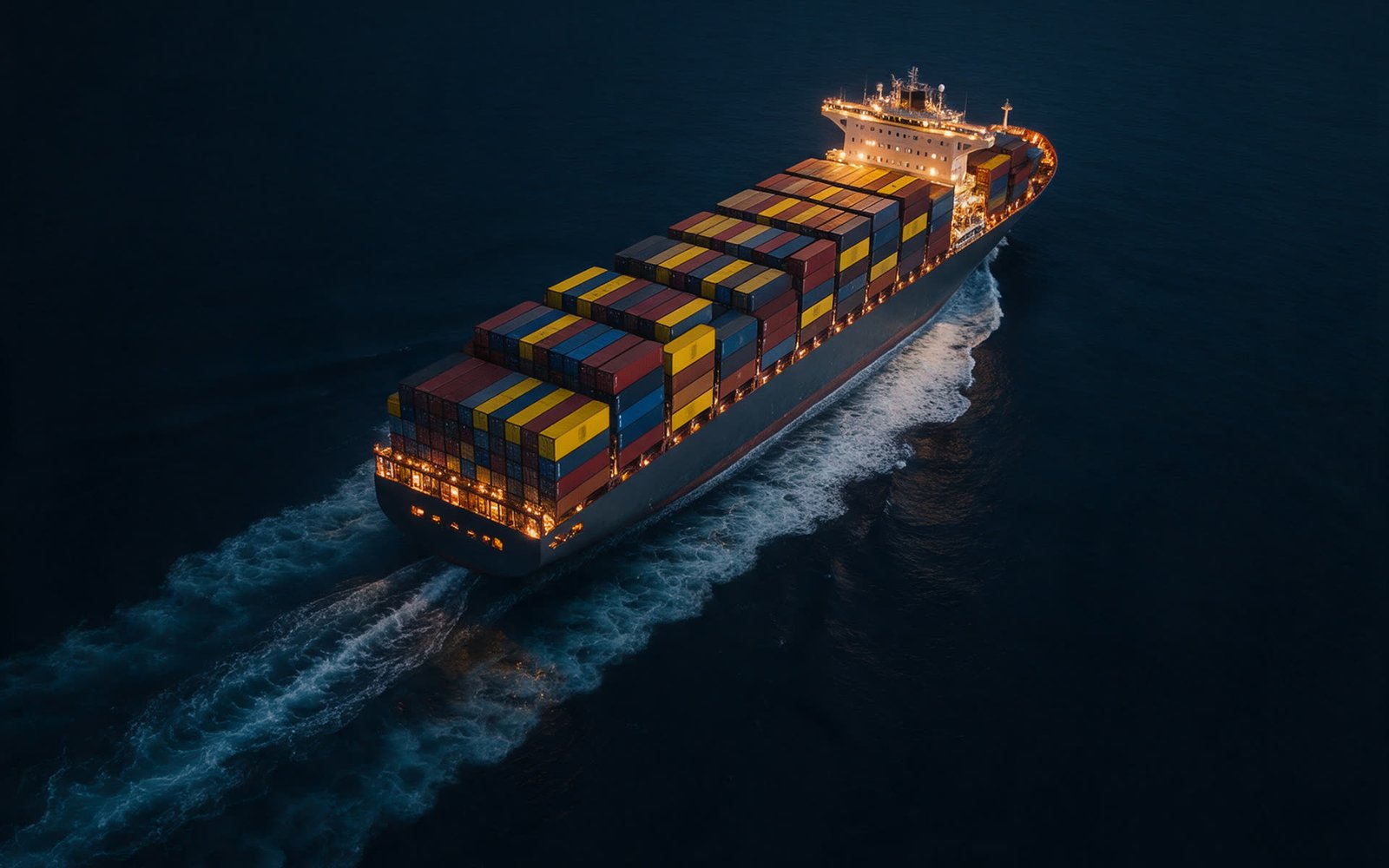 Aerial view of a container ship at sea at night