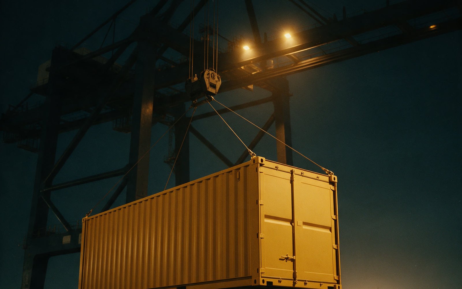 Container suspended from a gantry crane at night