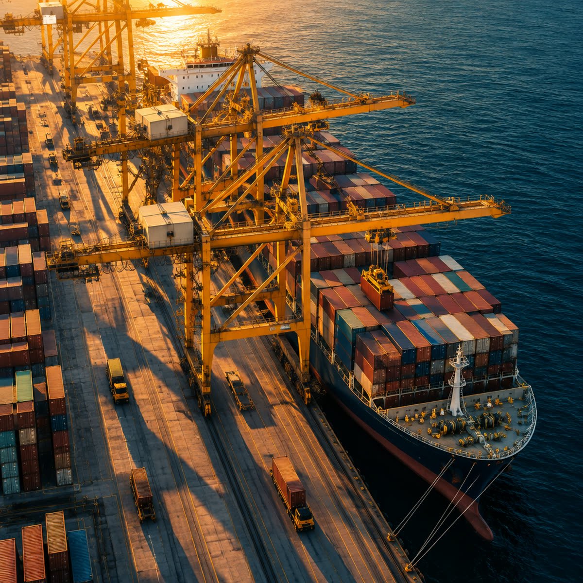 Aerial view of ship-to-shore cranes loading containers