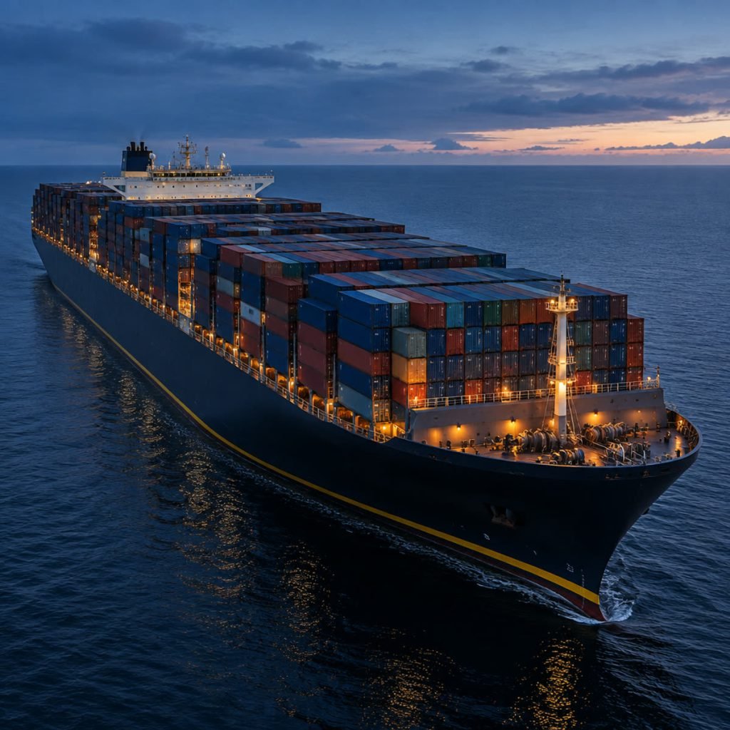 Loaded cargo vessel at sea under a dusk sky