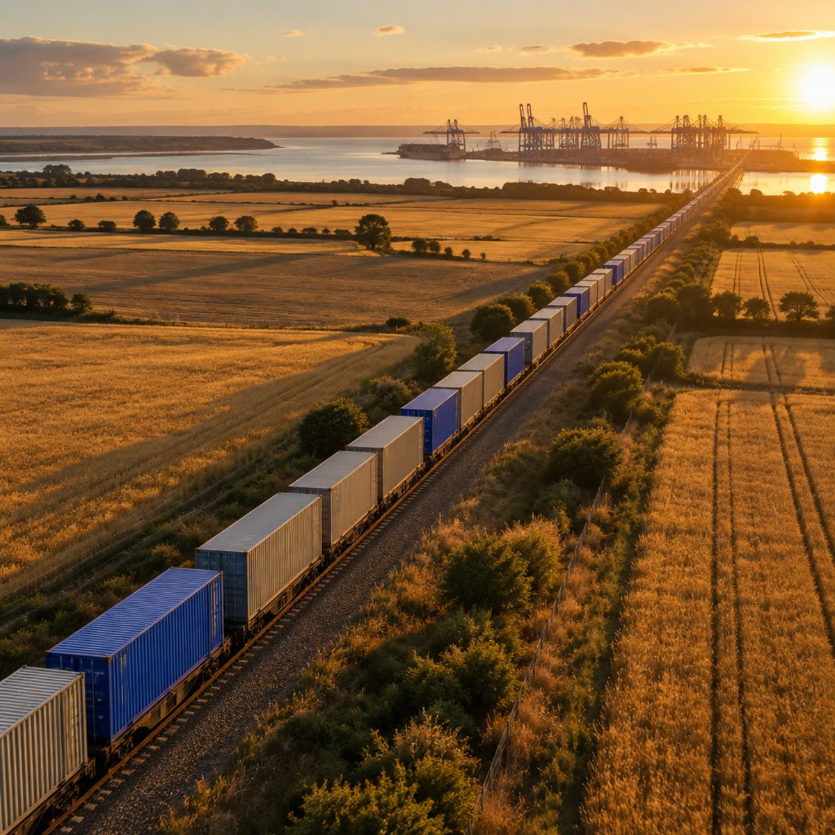 Freight train carrying containers through farmland