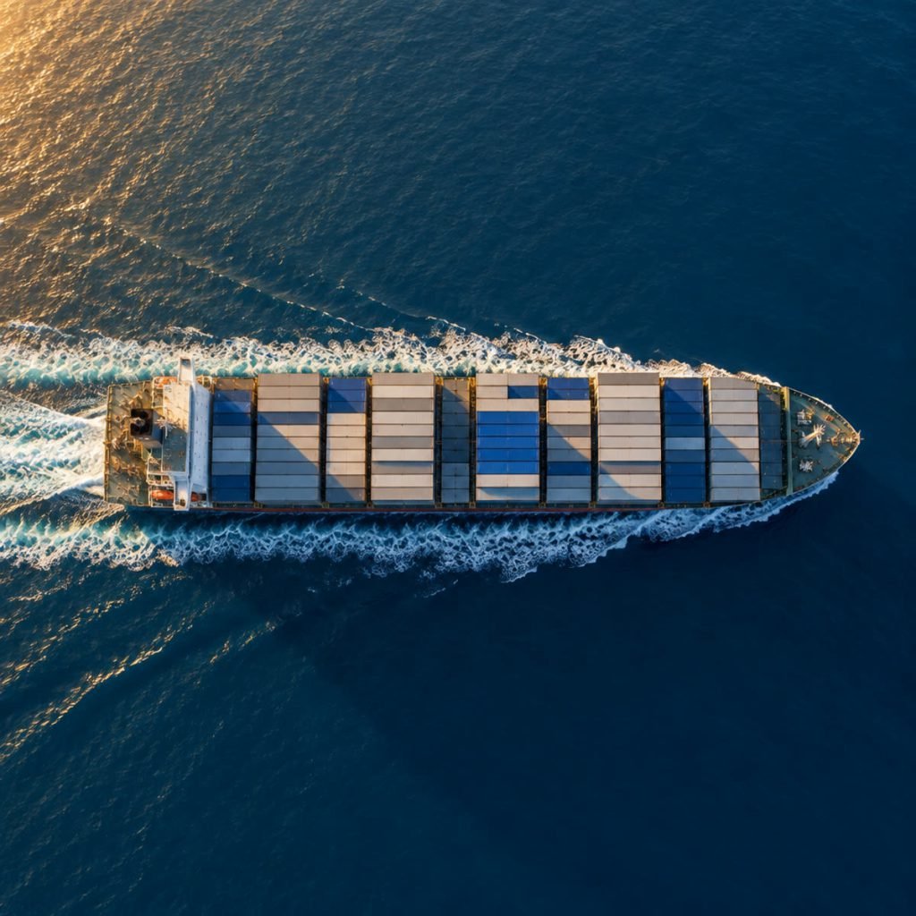 Aerial view of a container ship under way