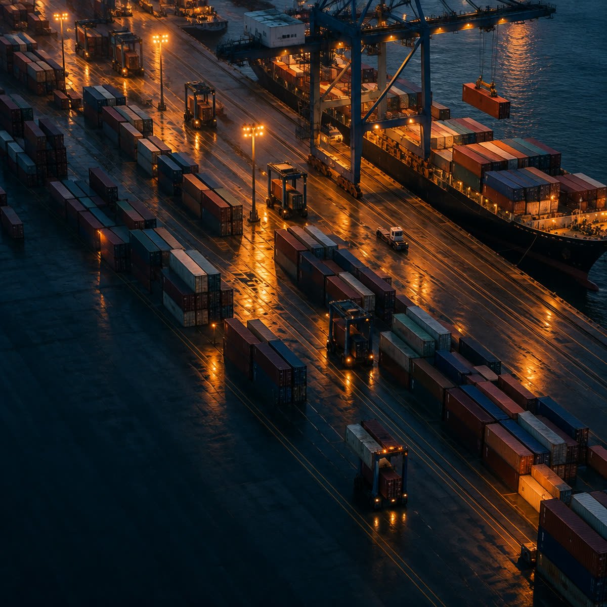 Container terminal and rail sidings at night