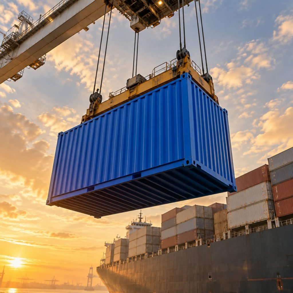 Blue container lifted by a quayside crane at sunset