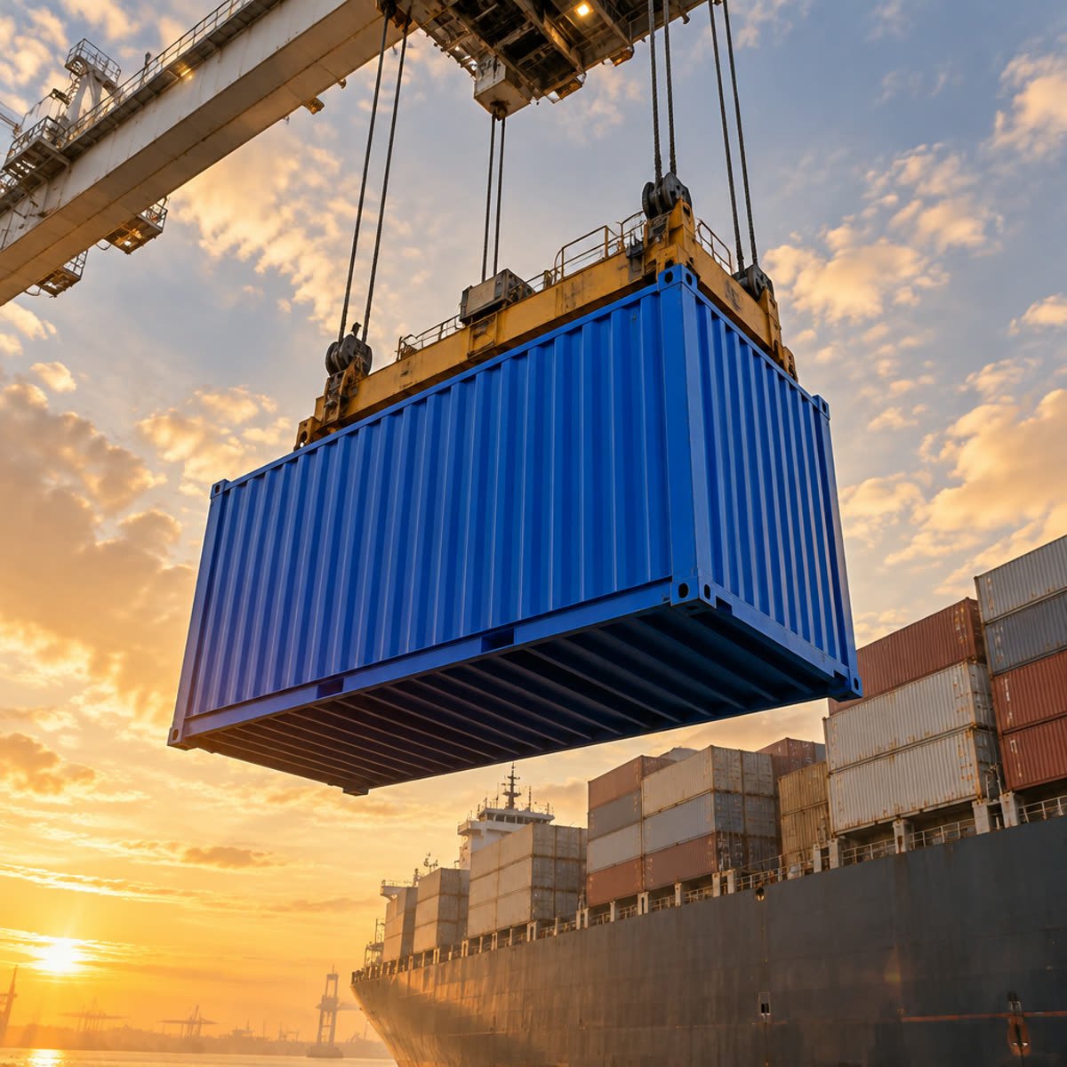 Blue container lifted by a quayside crane at sunset